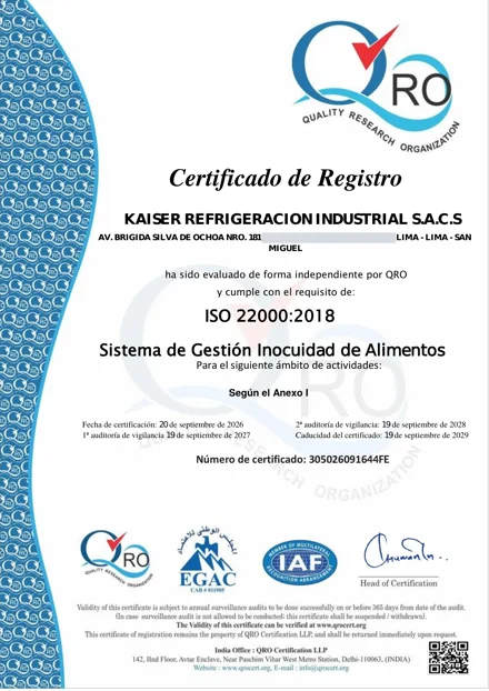 Certificado ISO 22000:2018